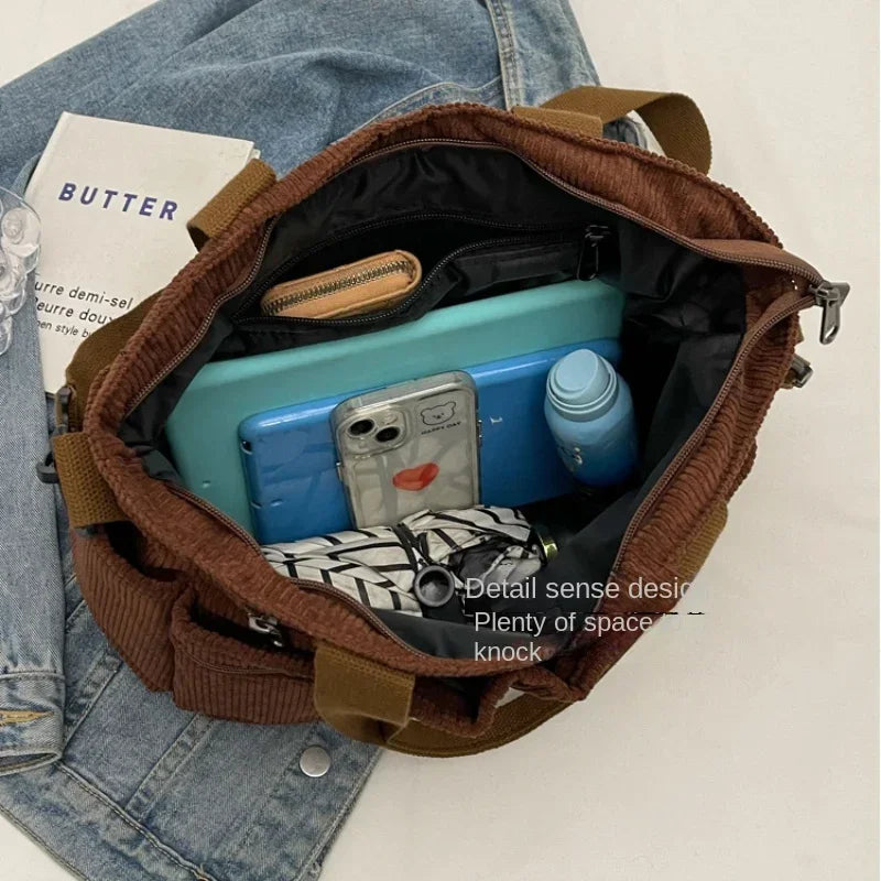 Casual Corduroy Messenger Bags Large Capacity Commuter Mummy Portable Shoulder Bag Multi Layers Camping Tote Bags